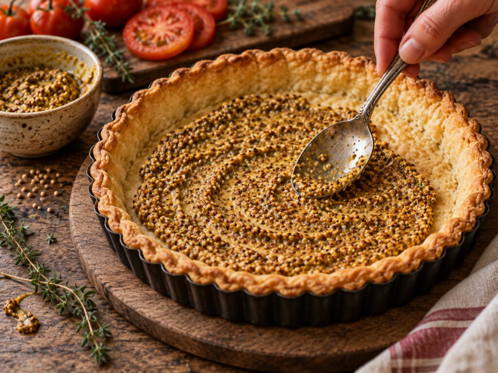 Moutarde à l'ancienne étalée à la cuillère sur un fond de tarte précuit, dans un moule cannelé