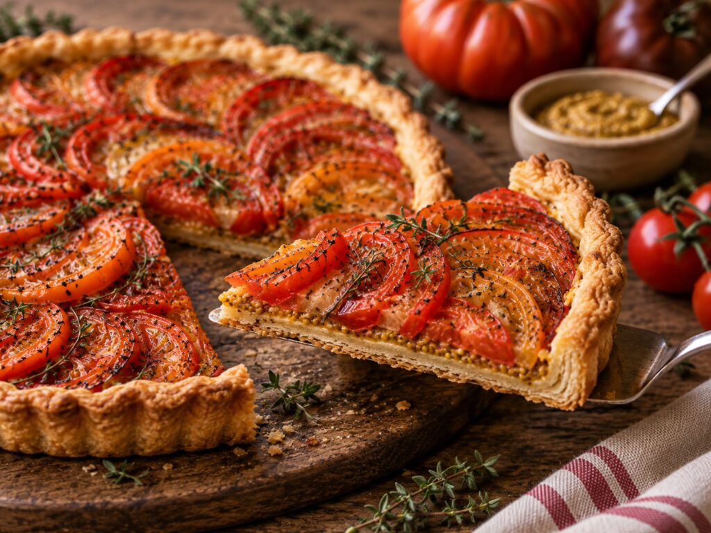 Part de tarte à la moutarde et à la tomate soulevée à la pelle, qui montre la couche de moutarde à l'ancienne et le fond de pâte