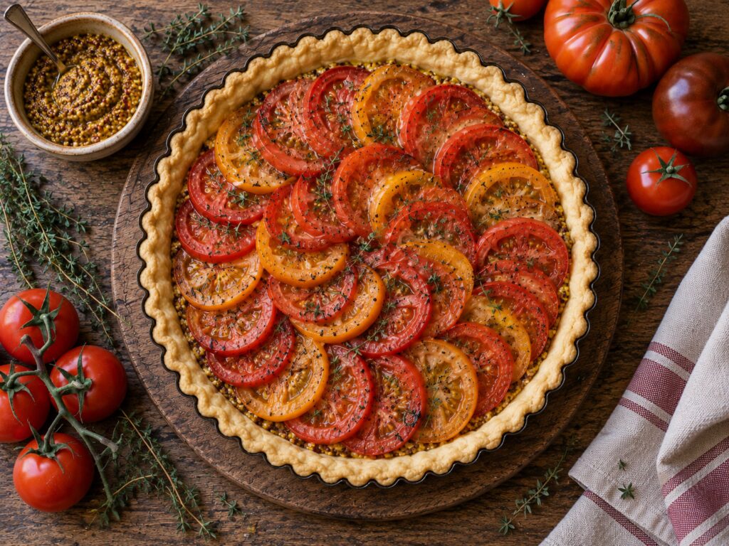 Tarte garnie avant cuisson : tranches de tomates rouges et jaunes en cercles sur la moutarde, parsemées de thym