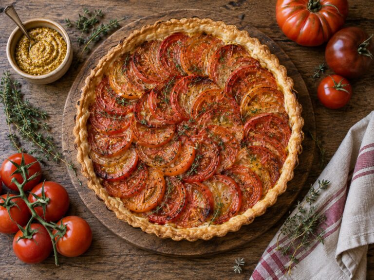 Tarte à la moutarde et à la tomate vue de dessus, sur une planche en bois, entourée de tomates, de thym et d'un bol de moutarde à l'ancienne