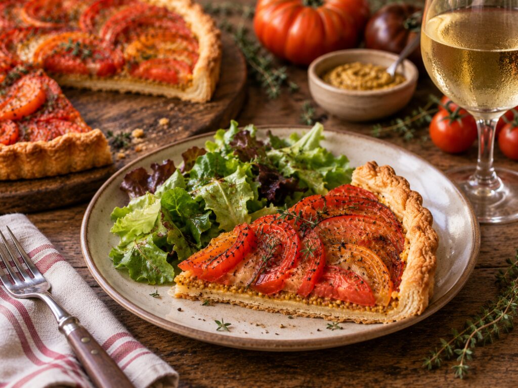 Part de tarte à la moutarde et à la tomate servie avec une salade verte, et un verre de vin blanc à côté