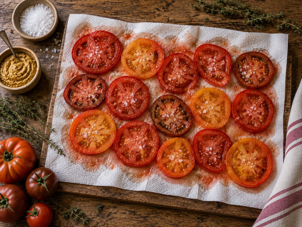 Tranches de tomates de plusieurs couleurs, salées, qui dégorgent sur du papier absorbant taché de jus